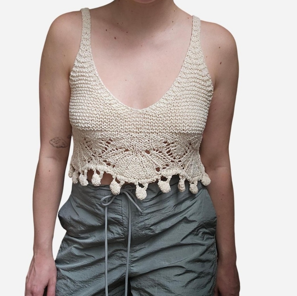 White Ivory Tan Cream Crochet Knit Tank Top Size M